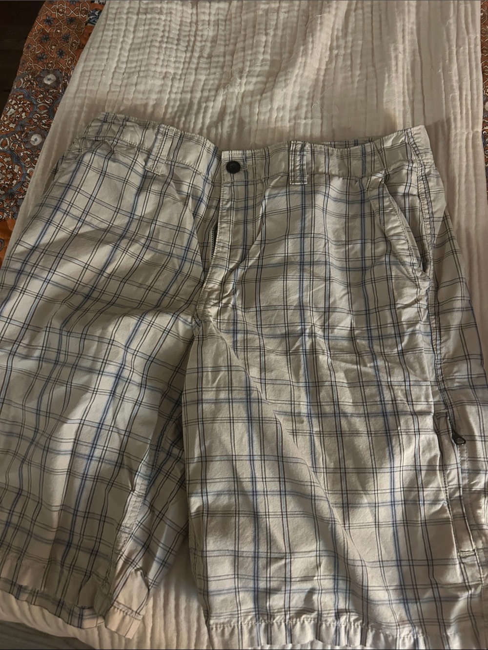 American Eagle Outfitters Men's Beige Plaid Cargo Pants with Blue Check
